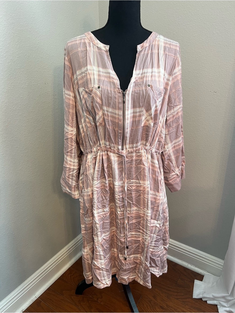 Torrid Pink Plaid Long Sleeve Drawstring Dress Size 3 (22/24)